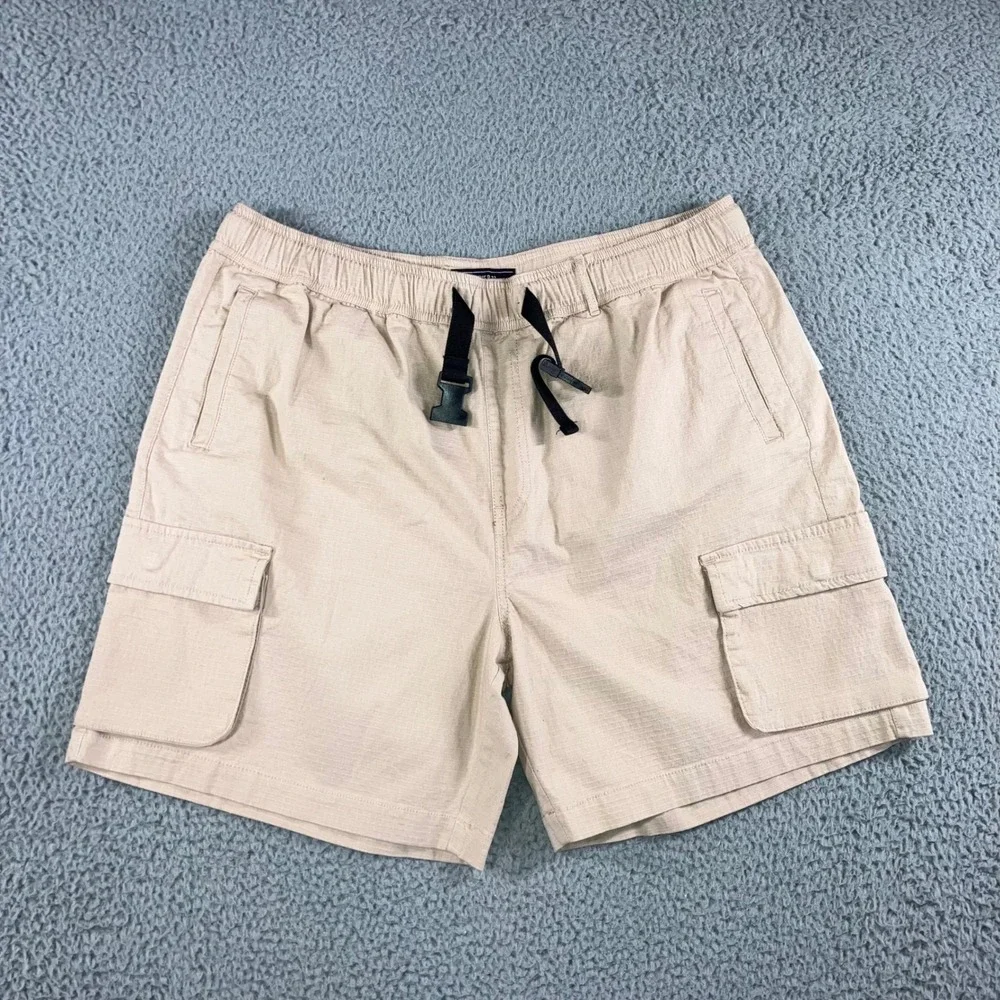 Men XL Cargo Shorts Tan 6.5'' Ripstop Elastic‎ Waist Gorpcore Streetwear Grunge